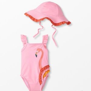 Hanna Andersson baby appy flamingo one piece swimsuit and hat set pink